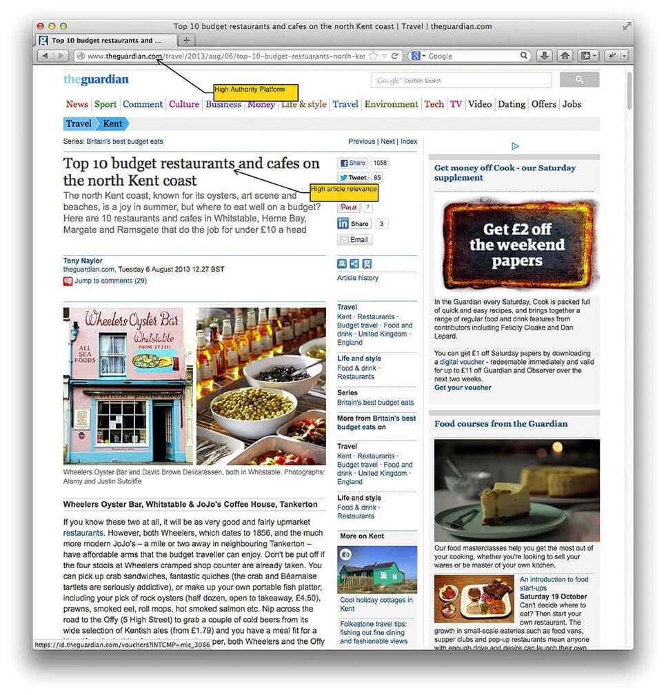 News article on a high-authority publication site, highlighted as an example of a strong referring domain