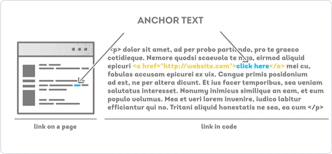Anchor text example shown as a hyperlink in code versus how it renders on a page